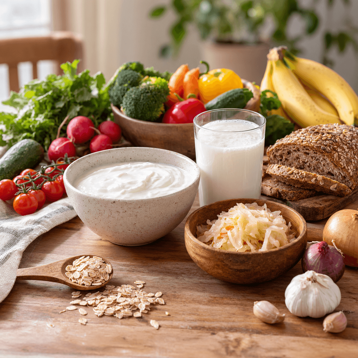 Table en bois avec yaourt, kéfir, choucroute et légumes frais pour aider la flore intestinale après des antibiotiques