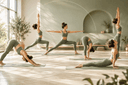 Illustration éditoriale d'une pratique de vinyasa yoga flow dynamique, enchaînement fluide de postures dans un studio épuré