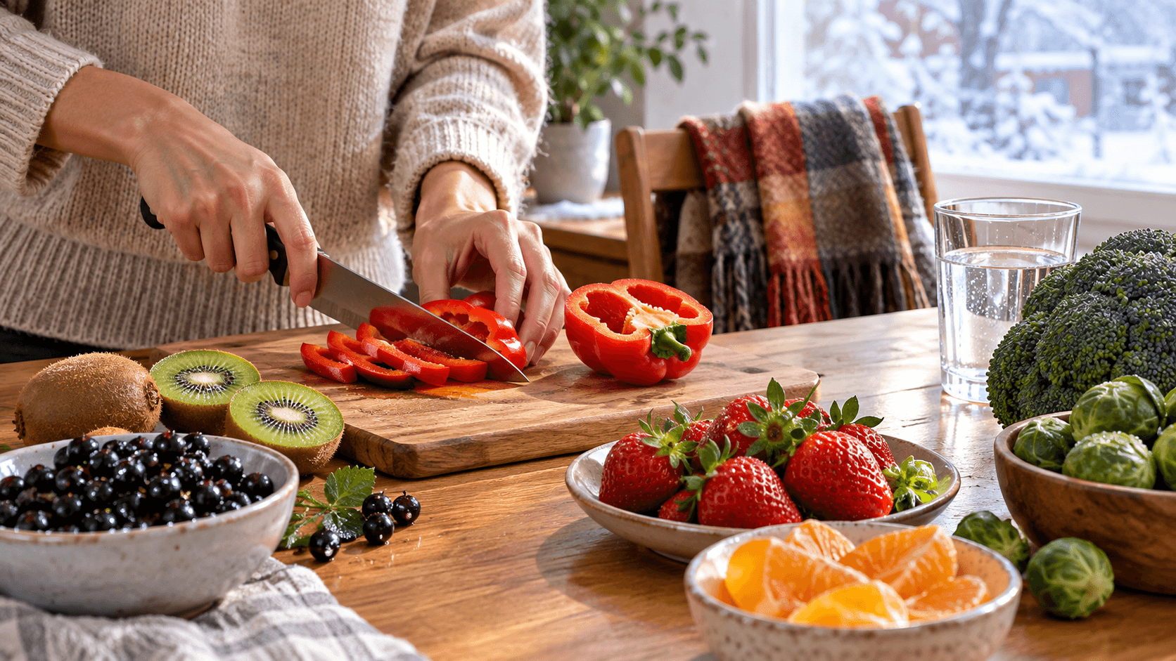 Mains tranchant un poivron rouge sur une planche en bois, entourées de kiwis, cassis, brocoli et fraises riches en vitamine C