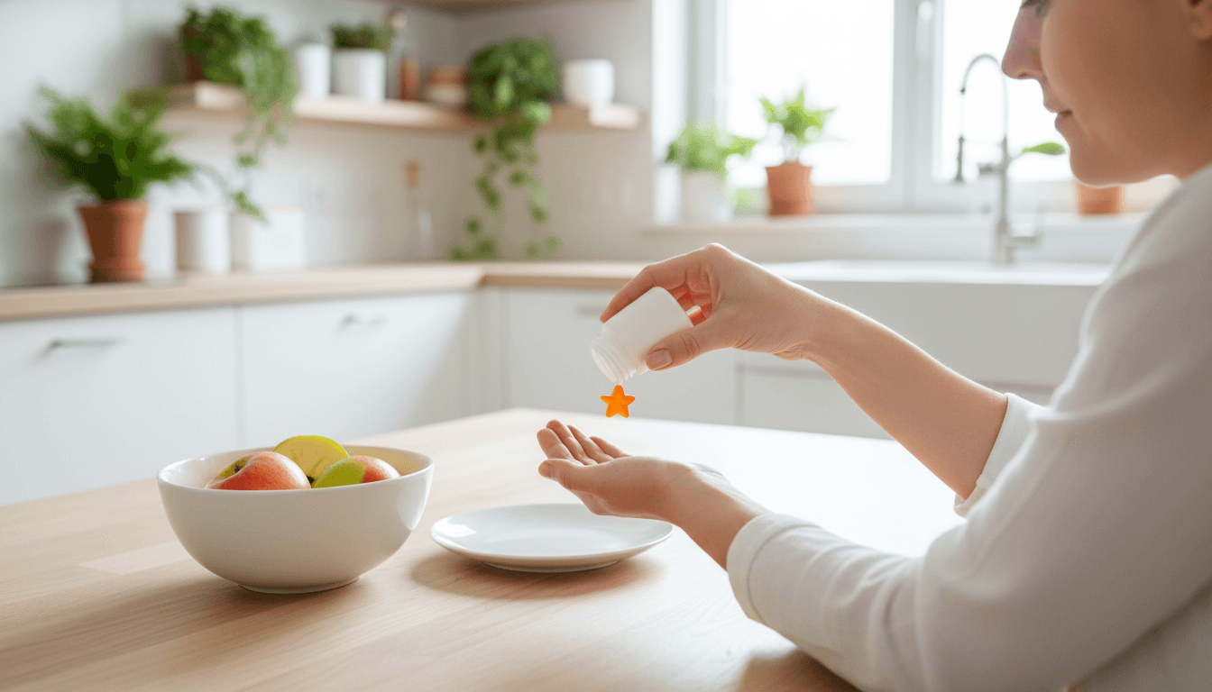 Mains d'un parent déposant une vitamine à croquer dans la paume ouverte d'un enfant