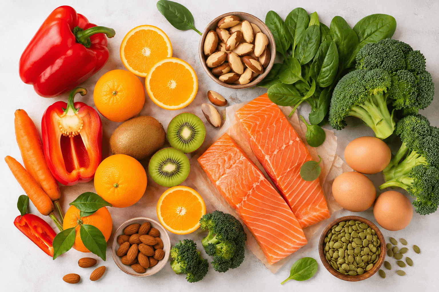 Fruits, légumes, fruits à coque et poisson riches en vitamines et minéraux pour le système immunitaire