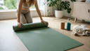 Vue plongeante de mains déroulant un tapis de yoga neuf dans un coin de salon dégagé