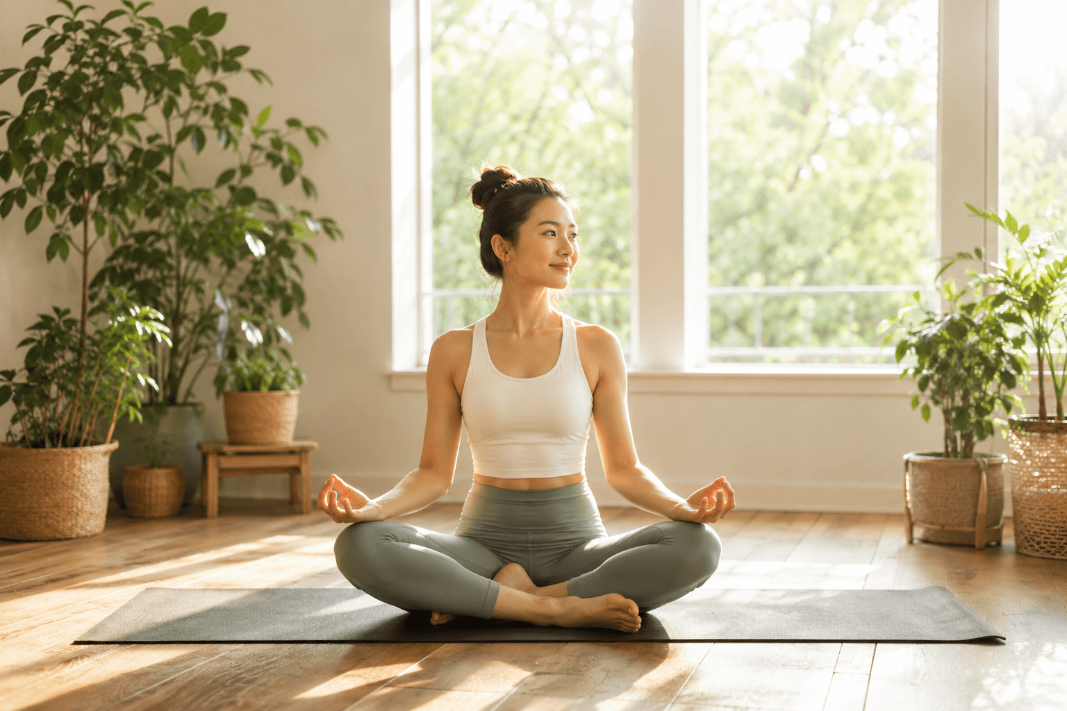Femme sereine en posture de yoga assise sur un tapis dans une pièce lumineuse, ambiance calme pour débutant