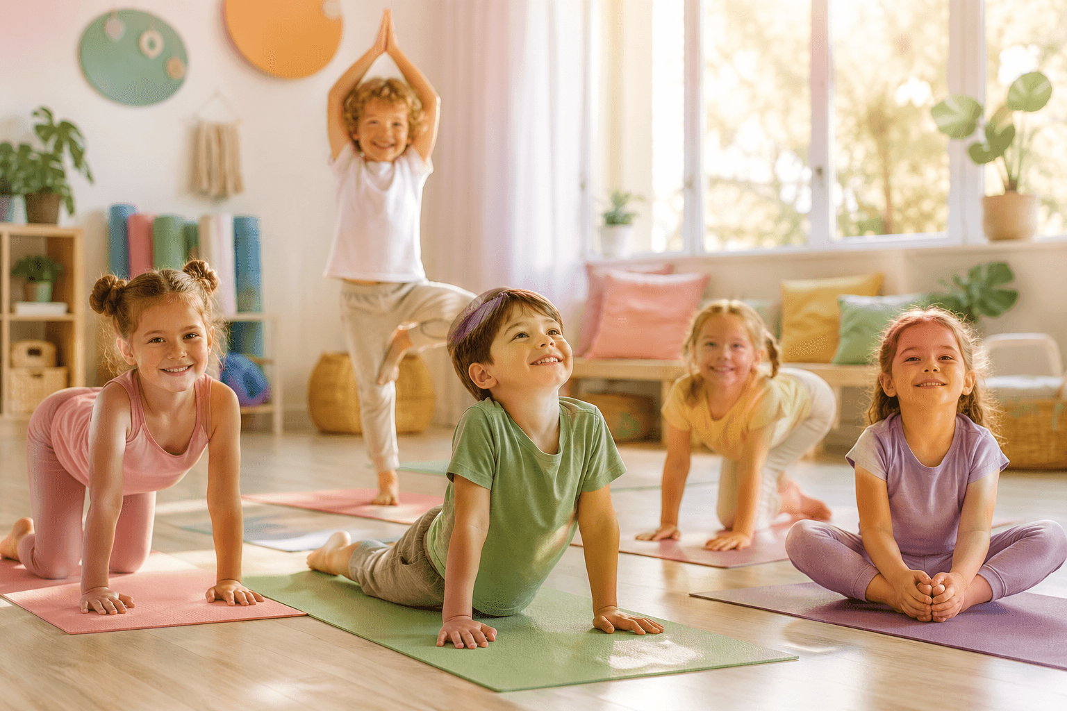 Enfants joyeux pratiquant des postures de yoga ludiques inspirées des animaux dans une salle lumineuse et colorée