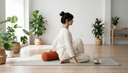 Femme de profil en torsion assise sur un tapis, un bolster et une tasse de tisane posés au sol