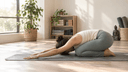 Personne pratiquant une posture de yoga douce pour soulager le mal de dos dans un studio lumineux et apaisant