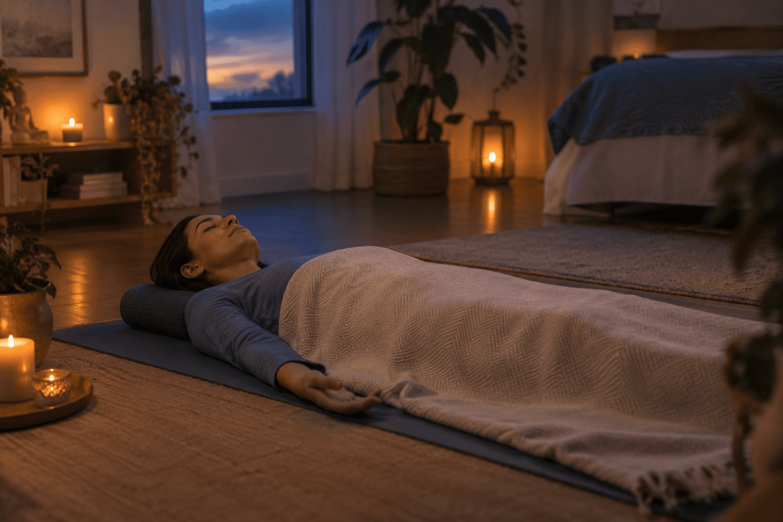 Adulte allongé sur un tapis, yeux fermés, pratiquant une séance de yoga nidra dans une chambre calme et tamisée