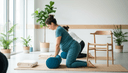 Femme enceinte de profil à genoux sur un tapis, mains posées sur un bolster en cours