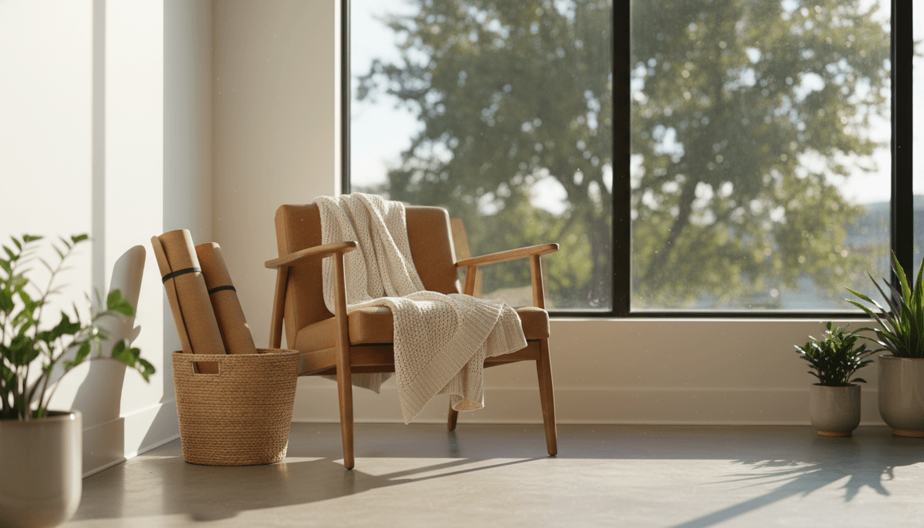 Tapis de yoga roulés, couverture pliée et chaise stable près d'une grande fenêtre ensoleillée dans un studio paisible