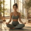 Femme assise en posture de méditation sur un tapis de yoga dans un studio lumineux et apaisant au lever du soleil