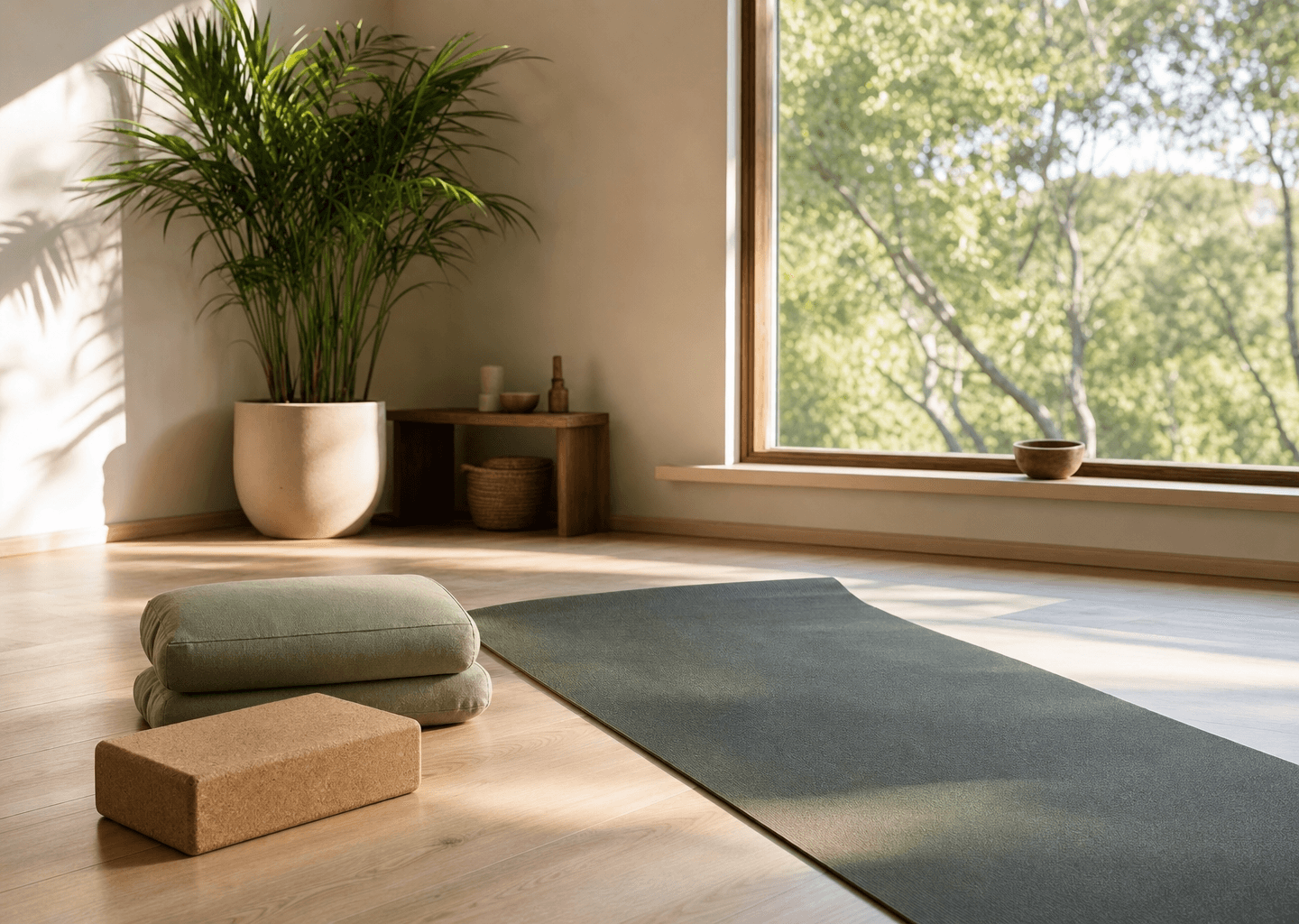 Studio de yoga lumineux avec tapis déroulé, brique en liège, coussin et plante verte devant une grande fenêtre donnant sur la nature